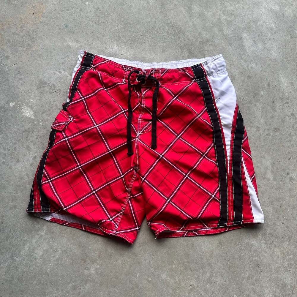 Vintage Ocean Pacific Men's Red and Black Plaid Board Shorts